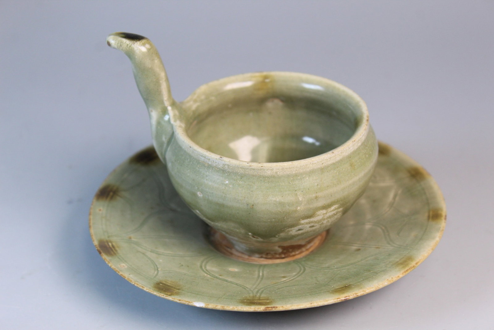 Chinese Celadon Glaze Pottery Cup on Saucer (1 of 9)
