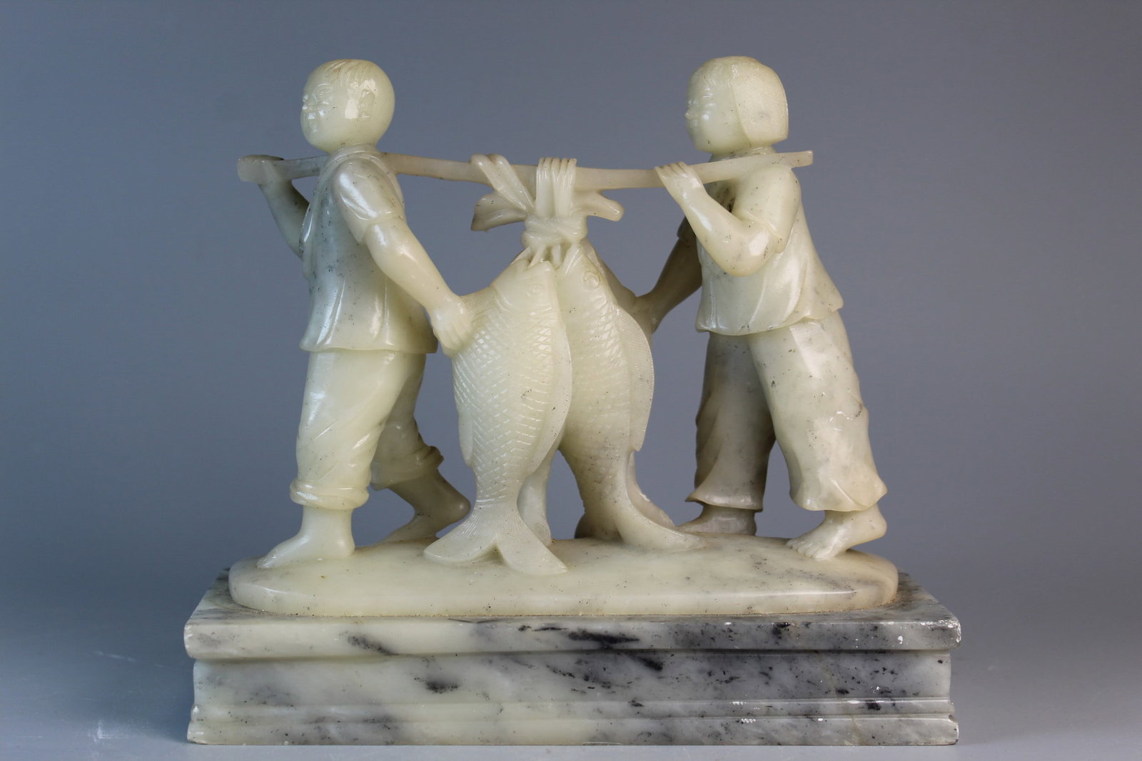 Chinese Carved Soapstone Statue of A Boy and A Girl Go Fishing (1 of 9)