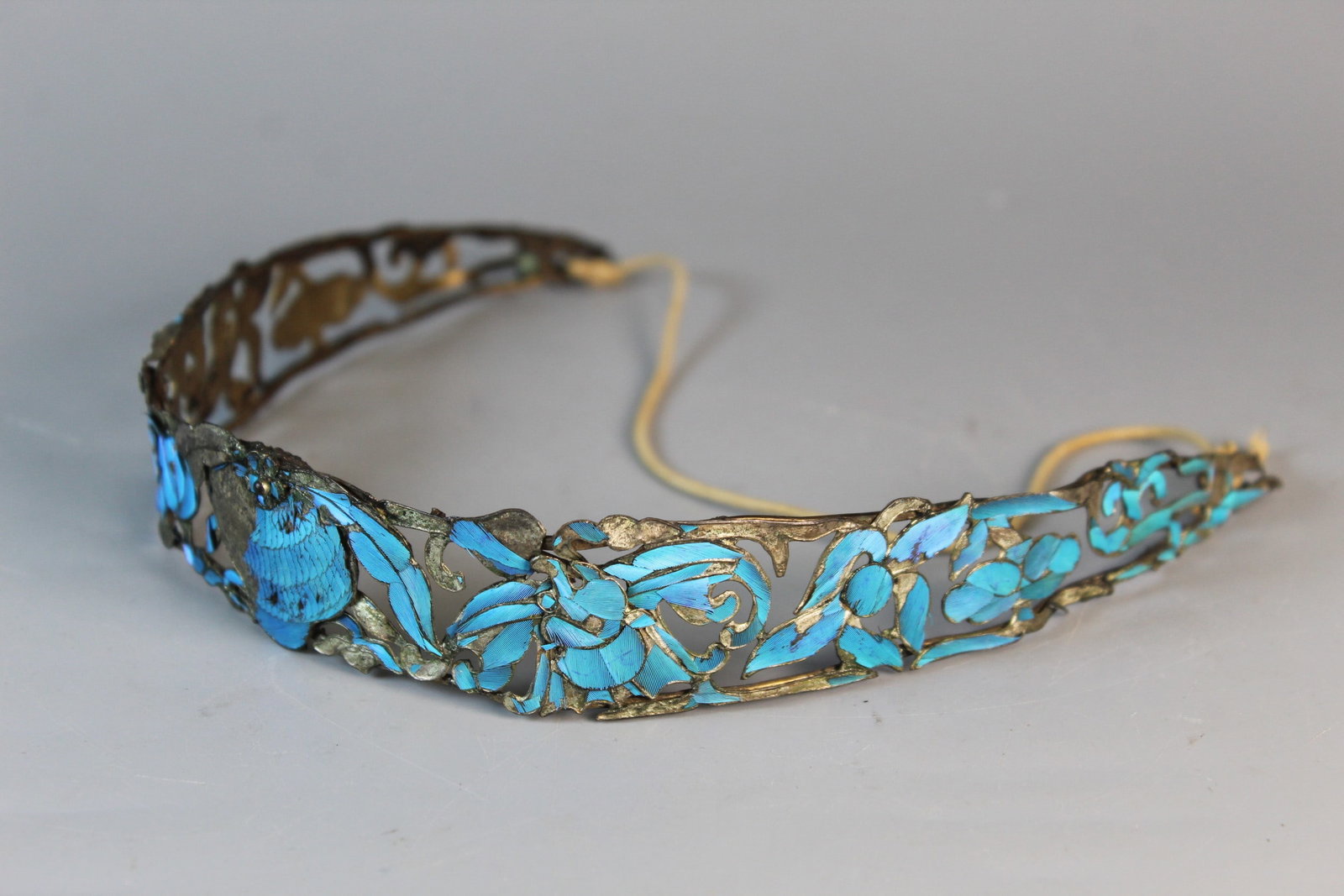 Chinese Silver Hairband with Kingfisher Feather Decoration: Chinese Silver Hairband with Kingfisher Feather Decoration. L 12".