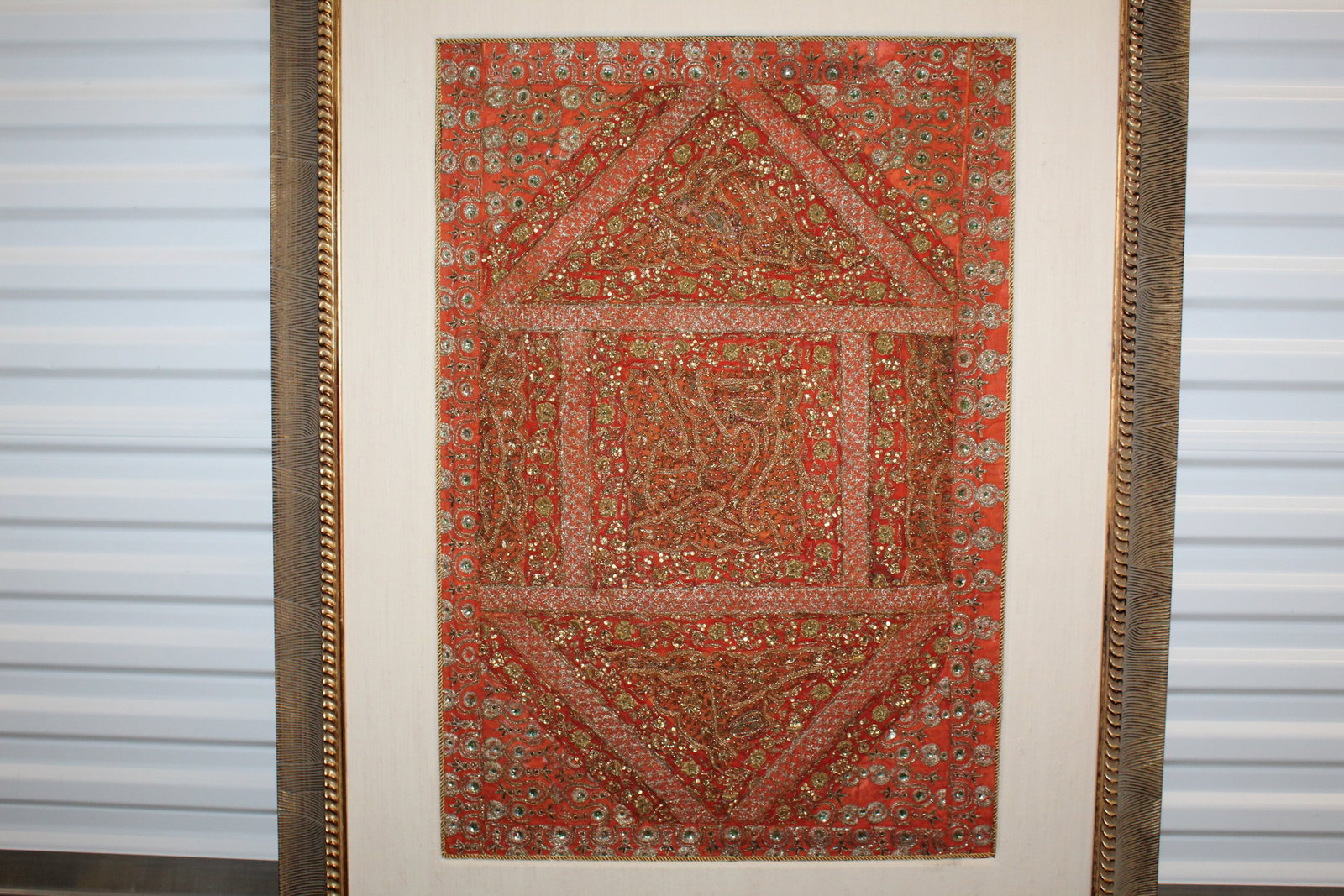 Framed Heavily Embroidered Red Fabric with Metallic Threadwork (1 of 7)