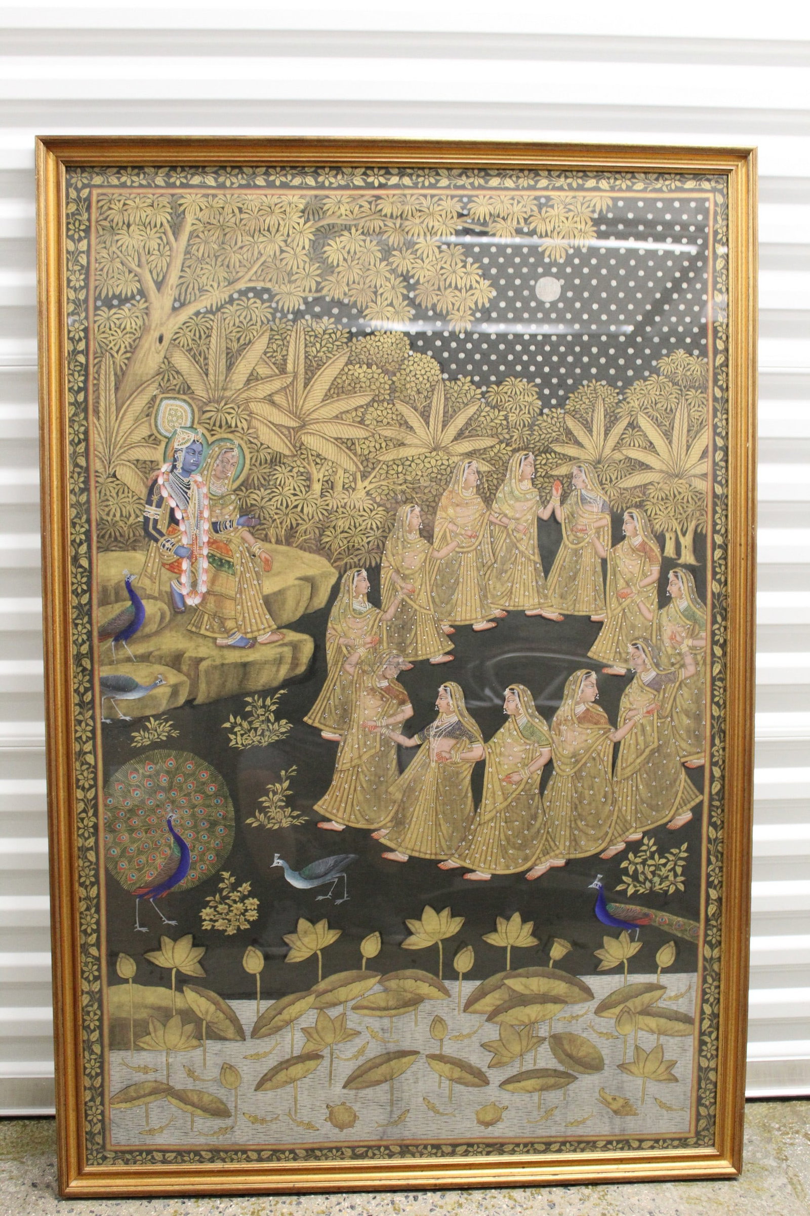 Lord Krishna Raslila Pichwai: Lord Krishna Raslila Pichwai. Indian gilt and color on silk. 33.5x51", Frame 36x53.5".