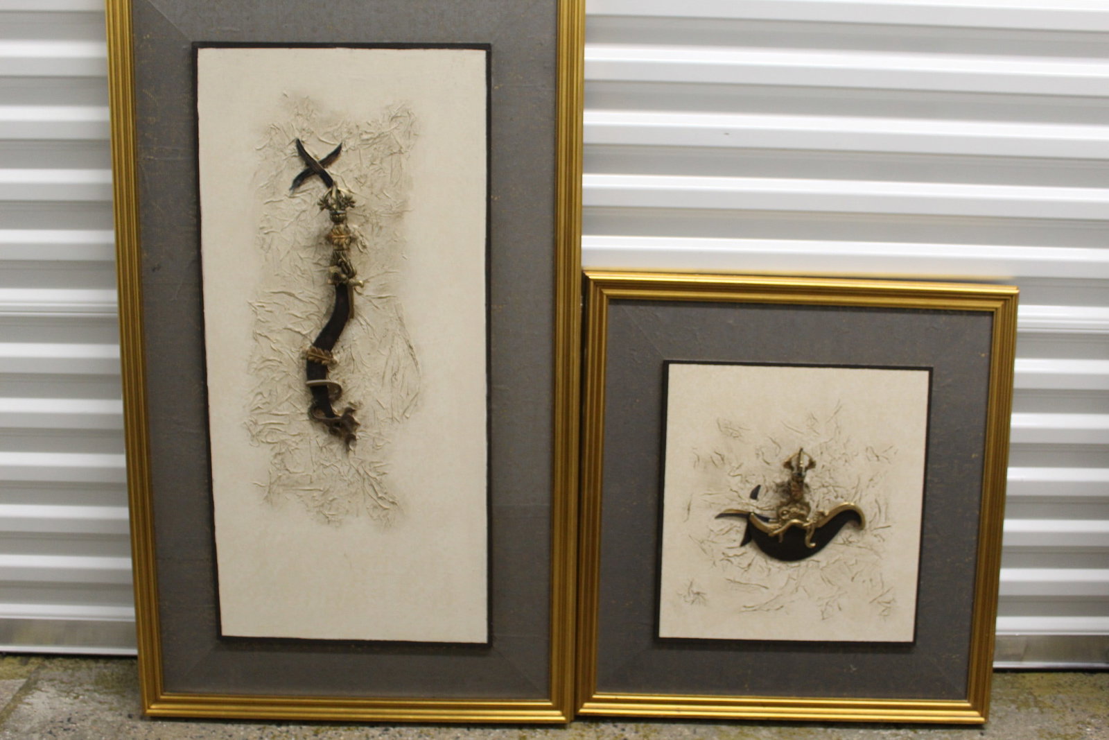 Two Framed Tibetan Art: Two Framed Tibetan Art . 32.5x15.5" and 15x16". Frame 25x42" and 24.5x25". Tibetan Kartika and Khadga Knives on Board.