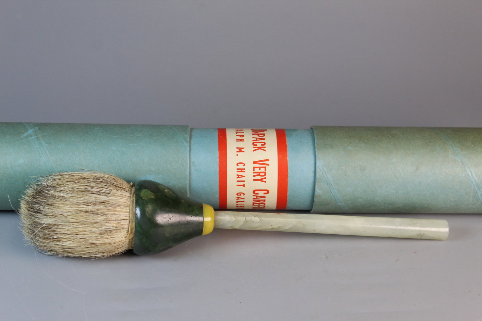 Chinese Jade and Jadeite Handle Brush.: Chinese Jade and Jadeite Handle Brush.. From Ralph M. Chait Gallery. L 9.5".