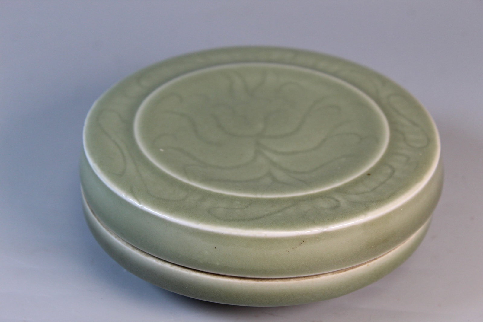 Chinese Celadon Glazed Circular Box: Chinese Celadon Glazed Circular Box. Diam 5.25".