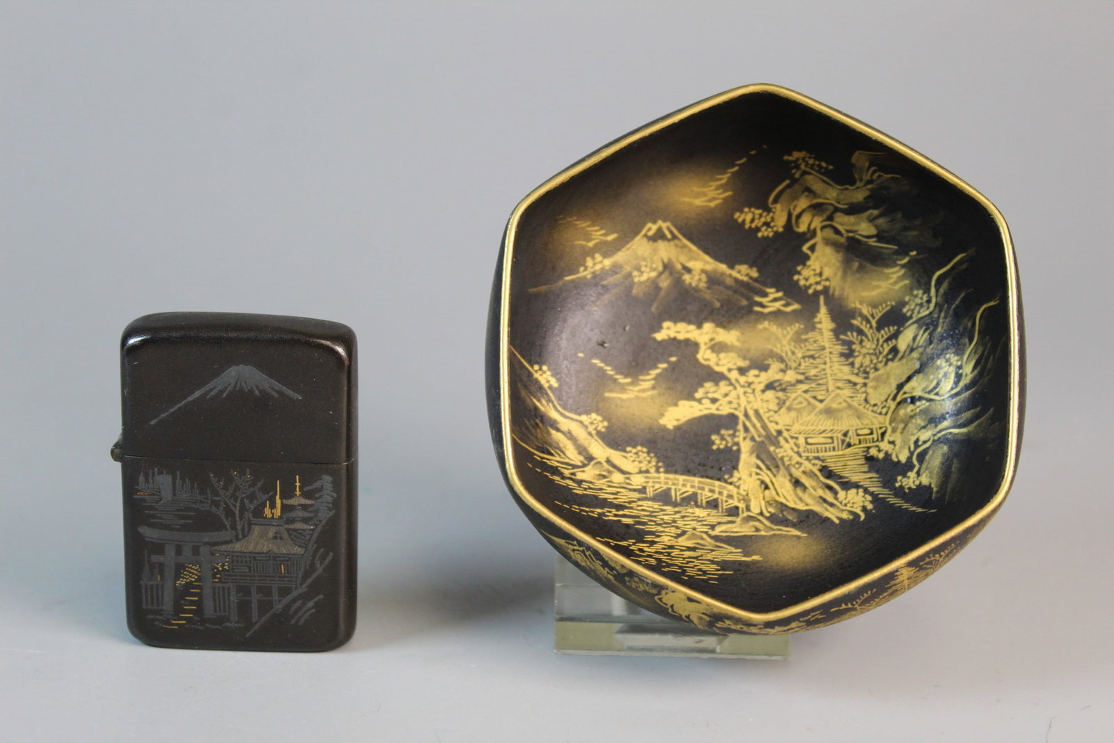 Japanese Amita Lighter and A Soko Gilt Decorated Porcelain Bowl: Japanese Amita Lighter and A Soko Gilt Decorated Porcelain Bowl. Diam 3.5'.