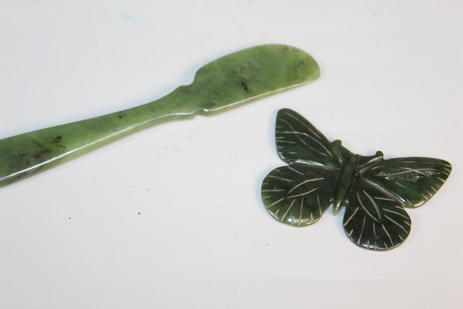 Spinach Jade Butterfly and Letter Opener: Spinach Jade Butterfly and Letter Opener. L 5".