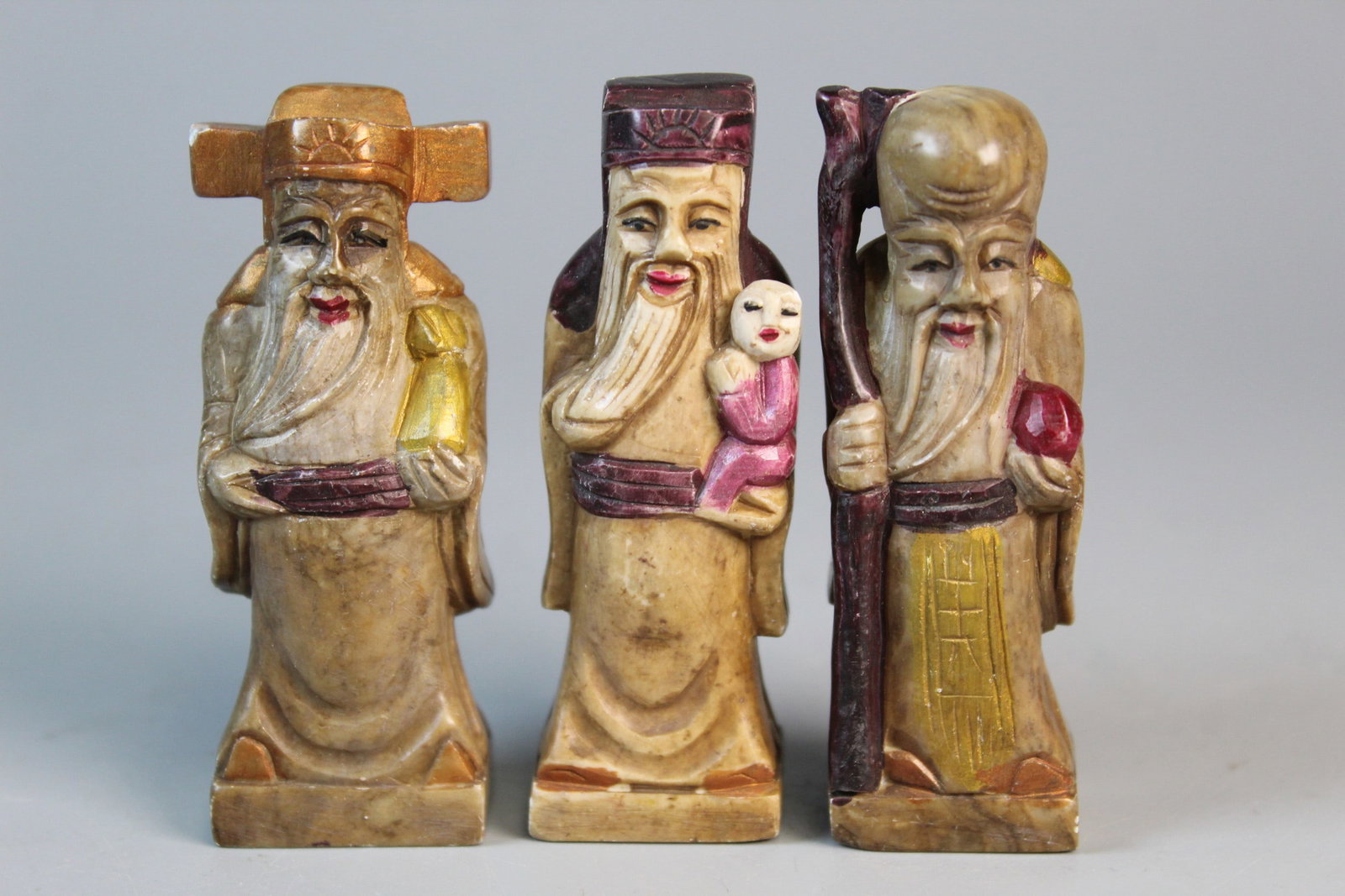 Chinese Carved Soapstone Three-stars Figurines: Chinese Carved Soapstone Three-stars Figurines. H 3".