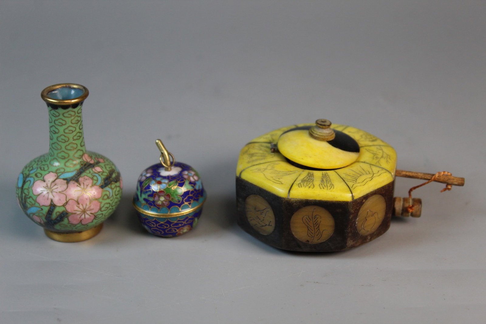 Asian Water Dropper and Two Small Cloisonne Items: Asian Water Dropper and Two Small Cloisonne Items. L 3.25".