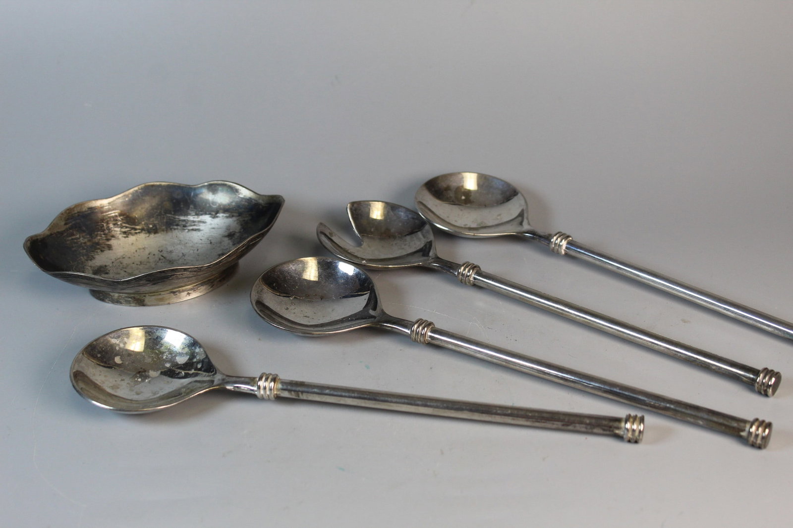 Silver Plated Utensils and Bowl: Silver Plated Utensils and Bowl. Longest L 9.5".