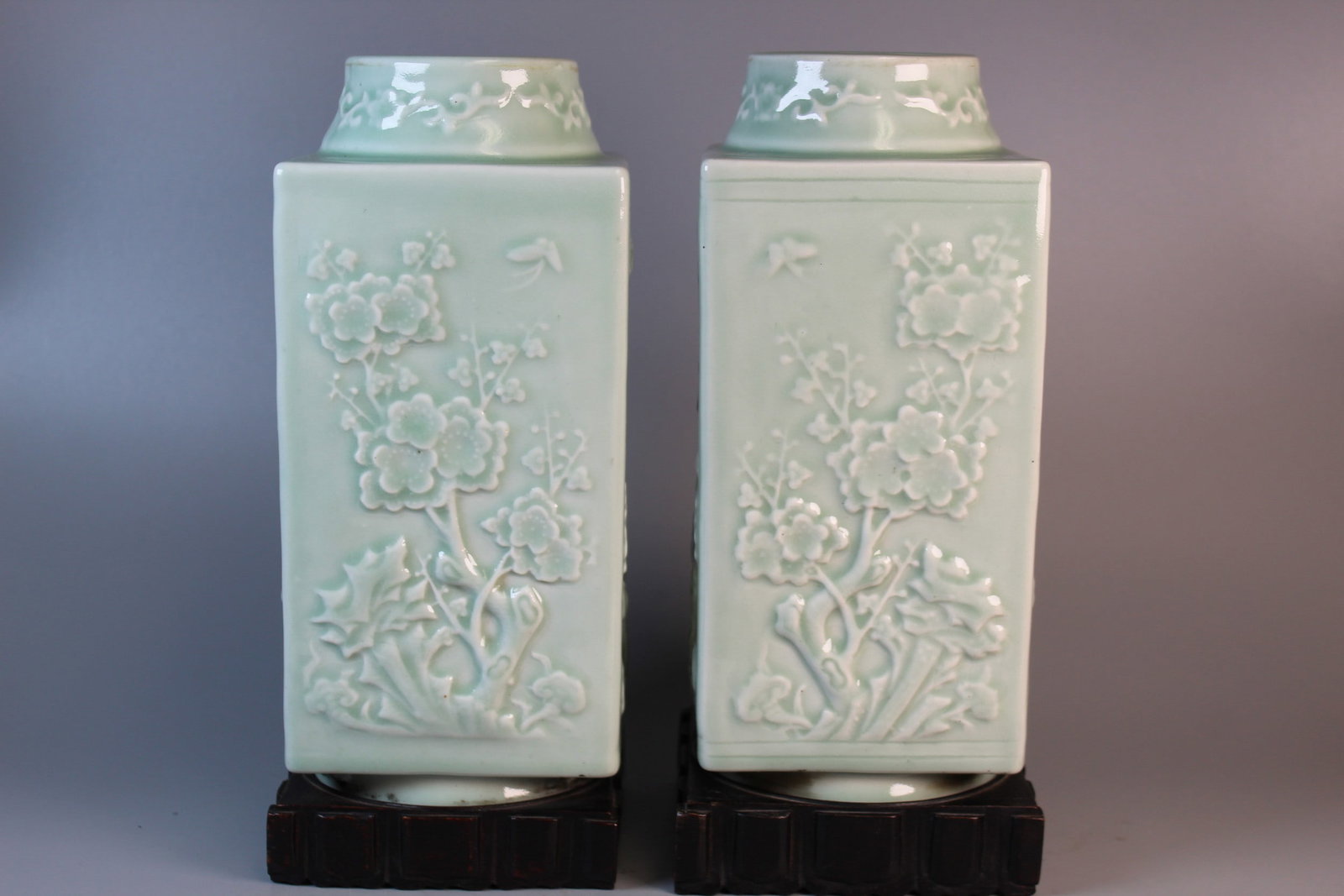 A Pair of Chinese Celadon Glazed Porcelain Cong Vase: A Pair of Chinese Celadon Glazed Porcelain Cong Vase. H 10.5". As Is.