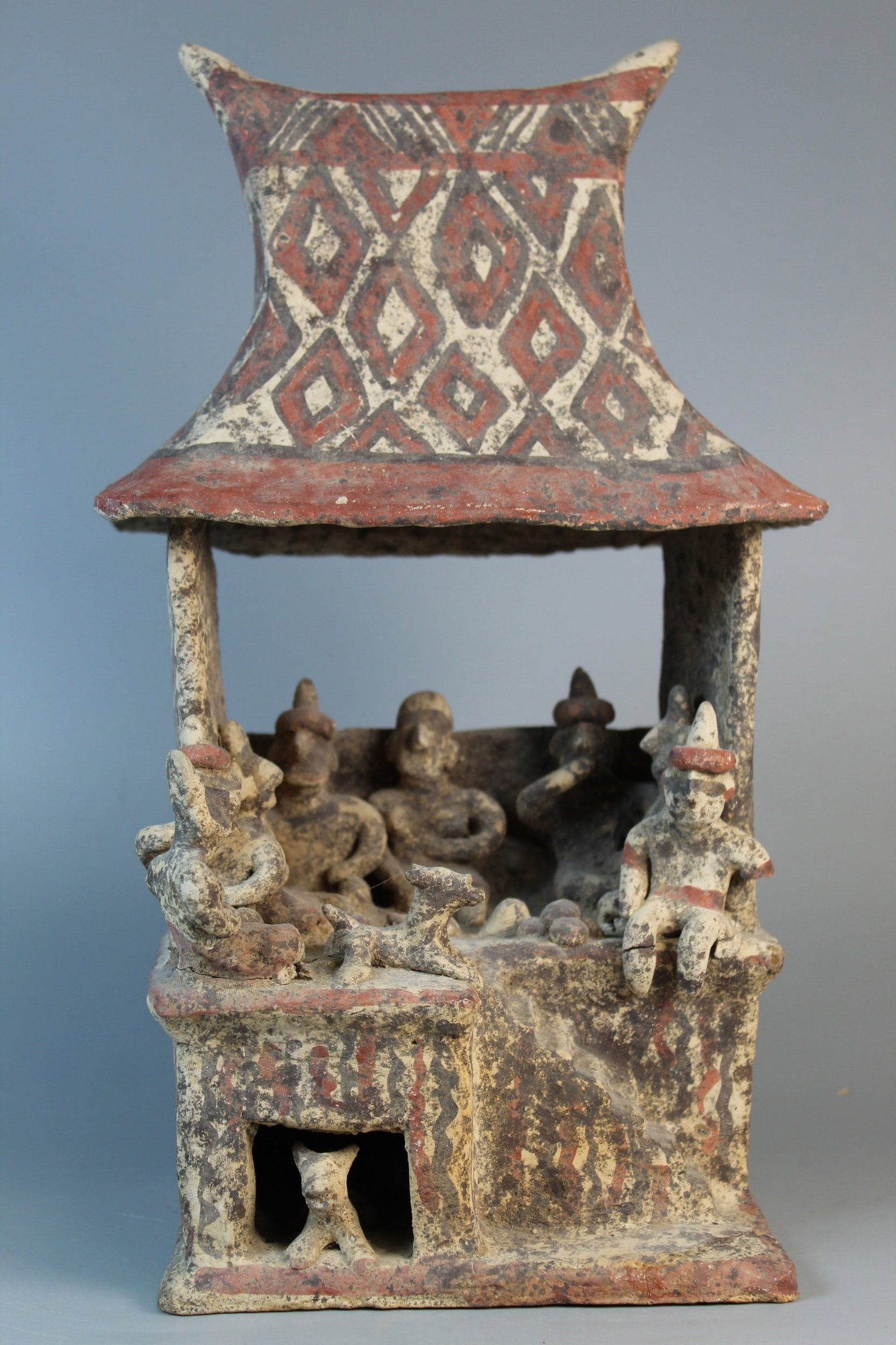 West Mexico Nayarit Pottery House Model with Feast Scene: West Mexico Nayarit Pottery House Model with Feast Scene. 14x7x6.25". As Is.