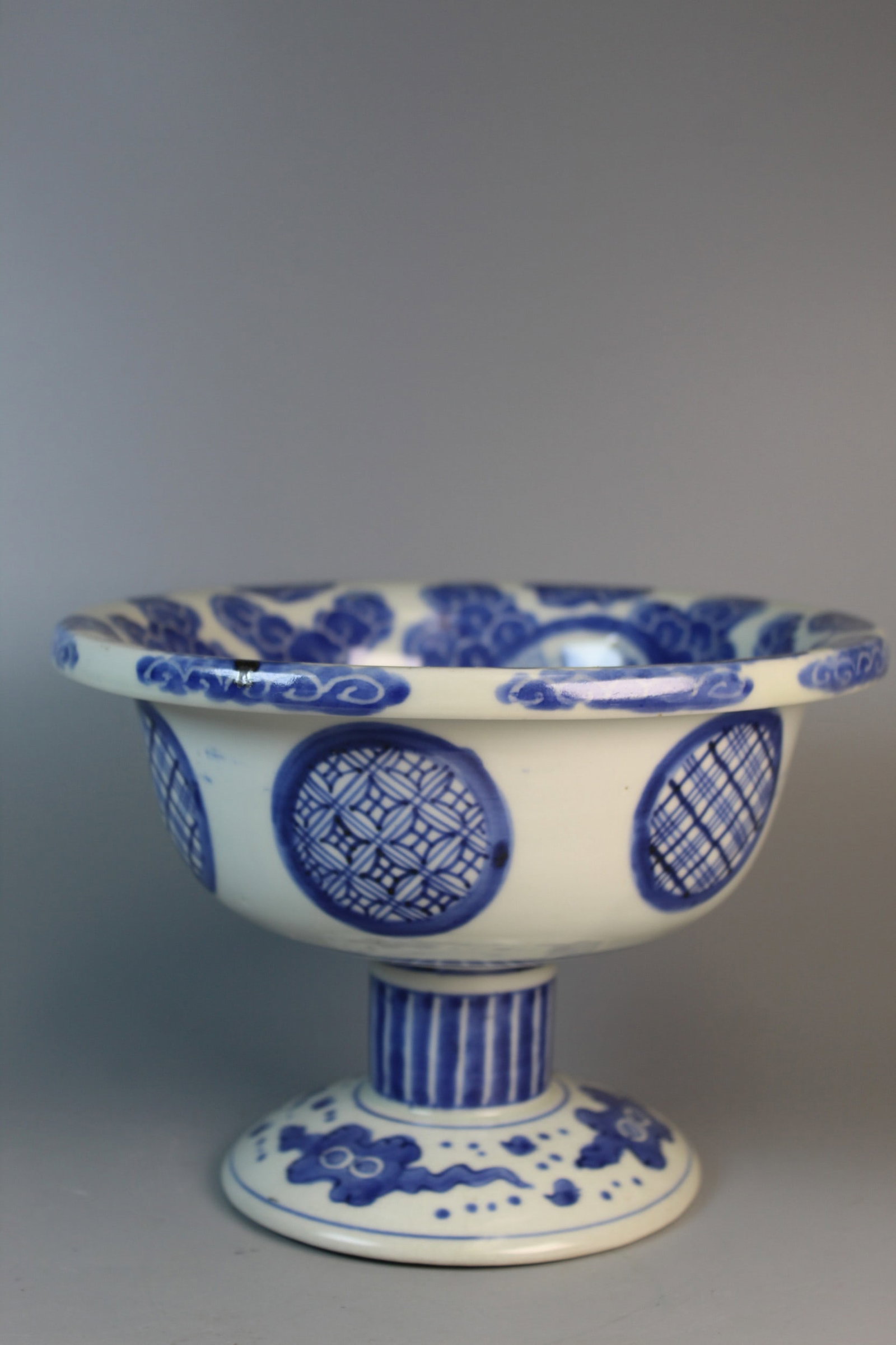 Japanese Blue and White Porcelain Stem Bowl: Japanese Blue and White Porcelain Stem Bowl. Diam 9". H 6.5".