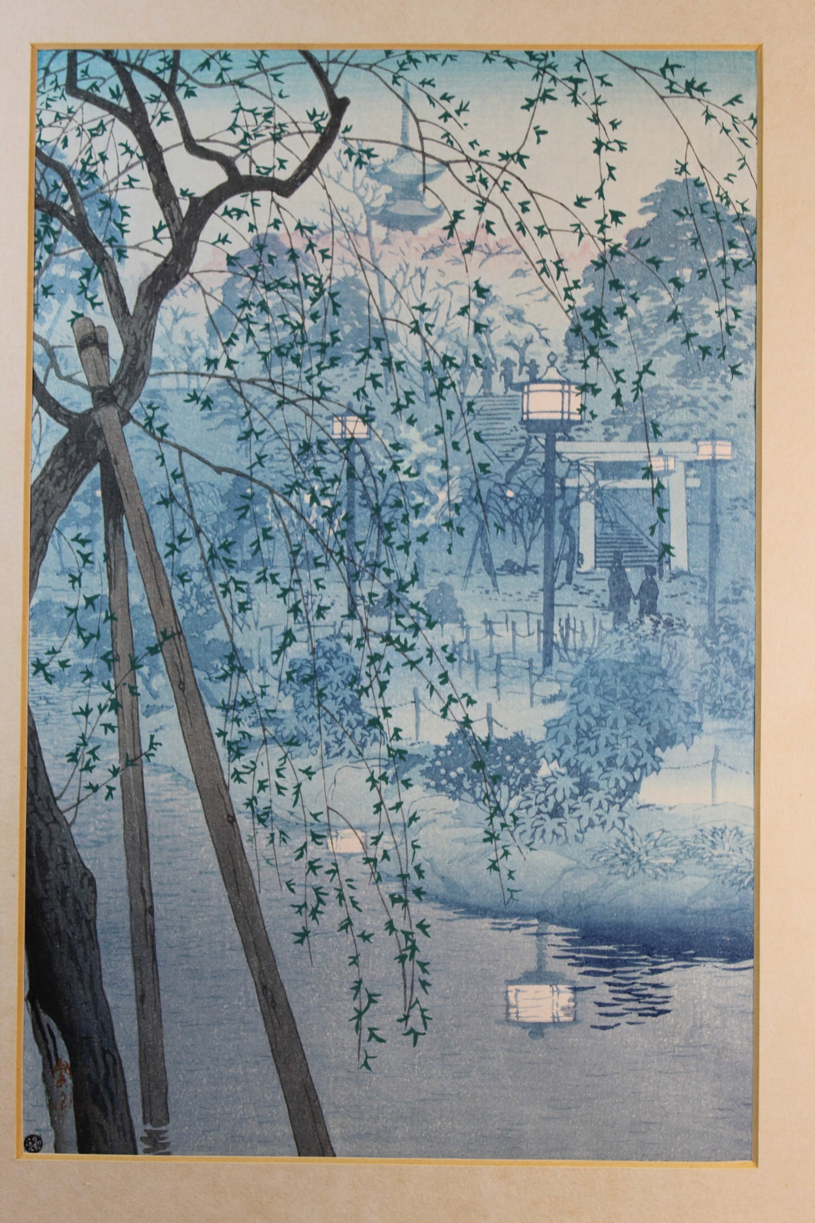 Hazy Evening on the Shore of Shinobazu Pond. Kasamatsu Shiro (Japanese 1898-1991 ) Woodblock Print.: Hazy Evening on the Shore of Shinobazu Pond. Kasamatsu Shiro (Japanese 1898-1991 ) Woodblock Print. . 14x9.25".