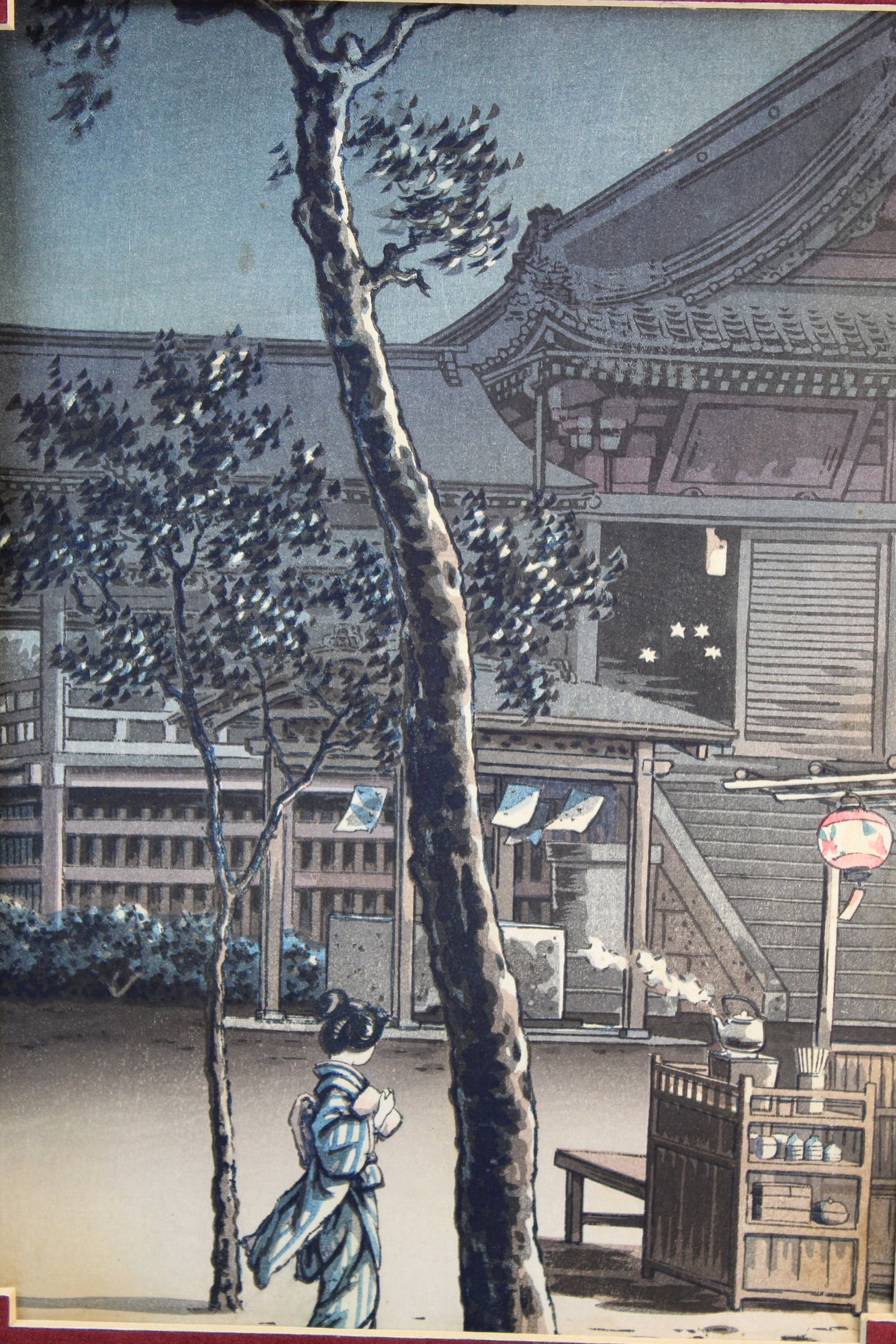Tea Shop at Kiyomizu Temple, Tsuchiya Koitsu, Japanese Woodblock Print.: Tea Shop at Kiyomizu Temple, Tsuchiya Koitsu, Japanese Woodblock Print. . 13.75x9.5". mat 14x17". As Is.