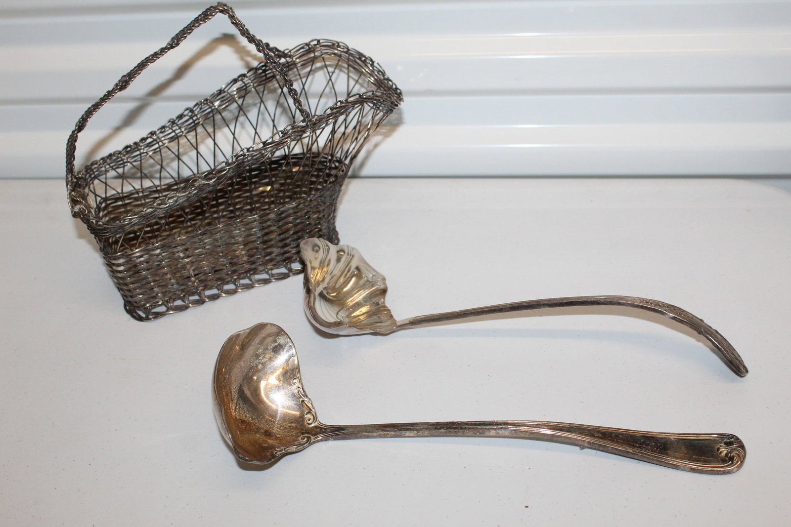 Silver Plated Basket and Two Ladles: Silver Plated Basket and Two Ladles . Gorham Heritage and Sheffield England Marks. L 12".