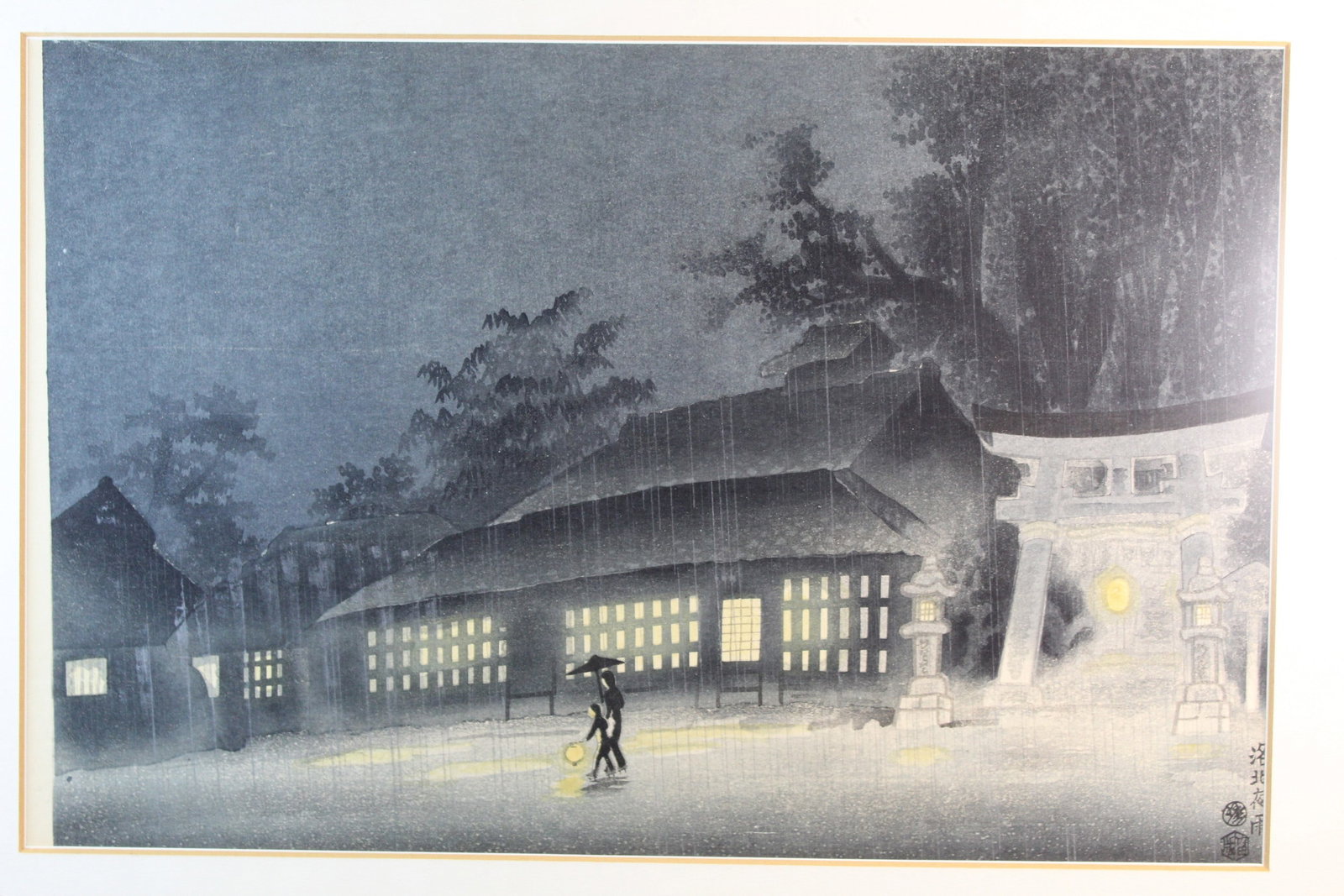 Night Rian in Kyoto, Kotozuka Eiichi, Japanese Woodblock Print.: Night Rian in Kyoto, Kotozuka Eiichi, Japanese Woodblock Print.. 15x10". Frame 20x15".
