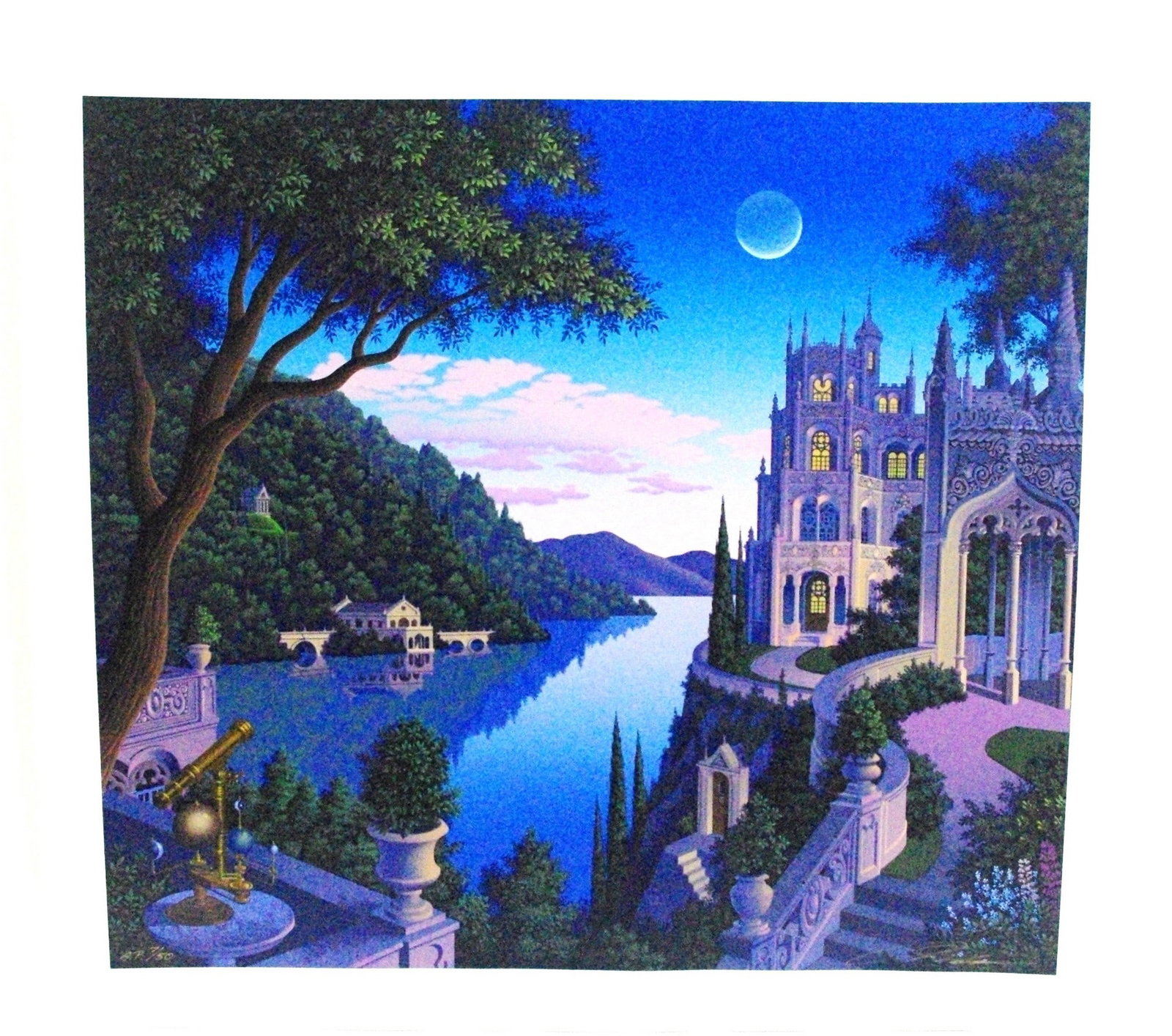 Jim Buckels "Cheshire Moon" signed limited edition serigraph on paper: Jim Buckels "Cheshire Moon" signed limited edition serigraph on paper. Paper size 31" x 33.75", to be shipped flat, has some creases