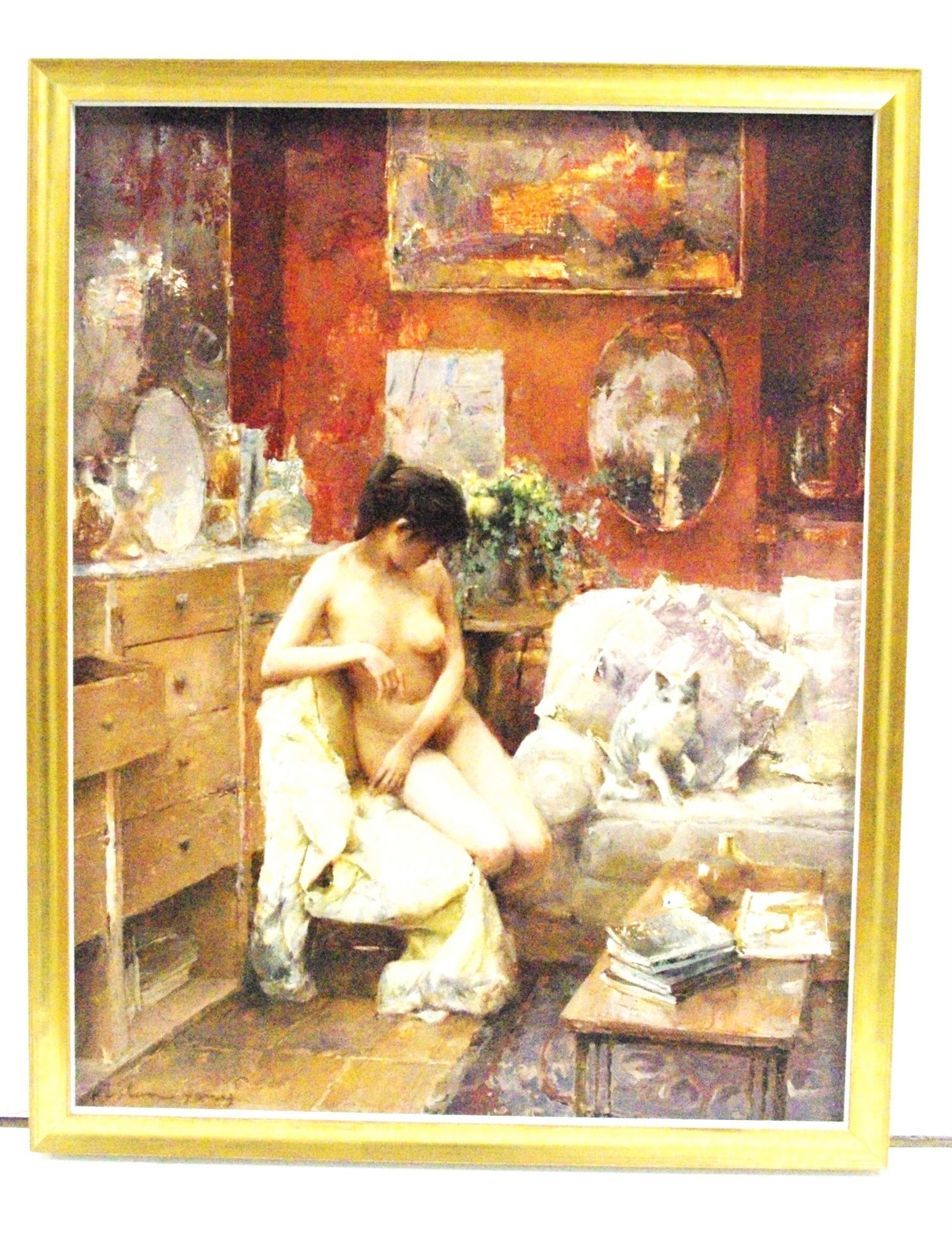 Yang Ke Shan "Nude with Cat" original oil painting: Yang Ke Shan "Nude with Cat" original oil painting. Framed size 18.75" x 15"