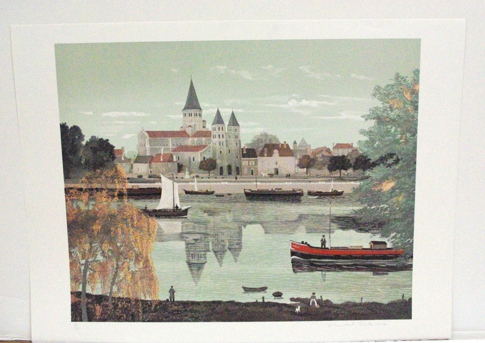 Michel Delacroix "L'Abbaye de Paray le Monial" signed limited edition lithograph print: Michel Delacroix "L'Abbaye de Paray le Monial" signed limited edition lithograph print . Paper size 22" x 30", has slight creases all around