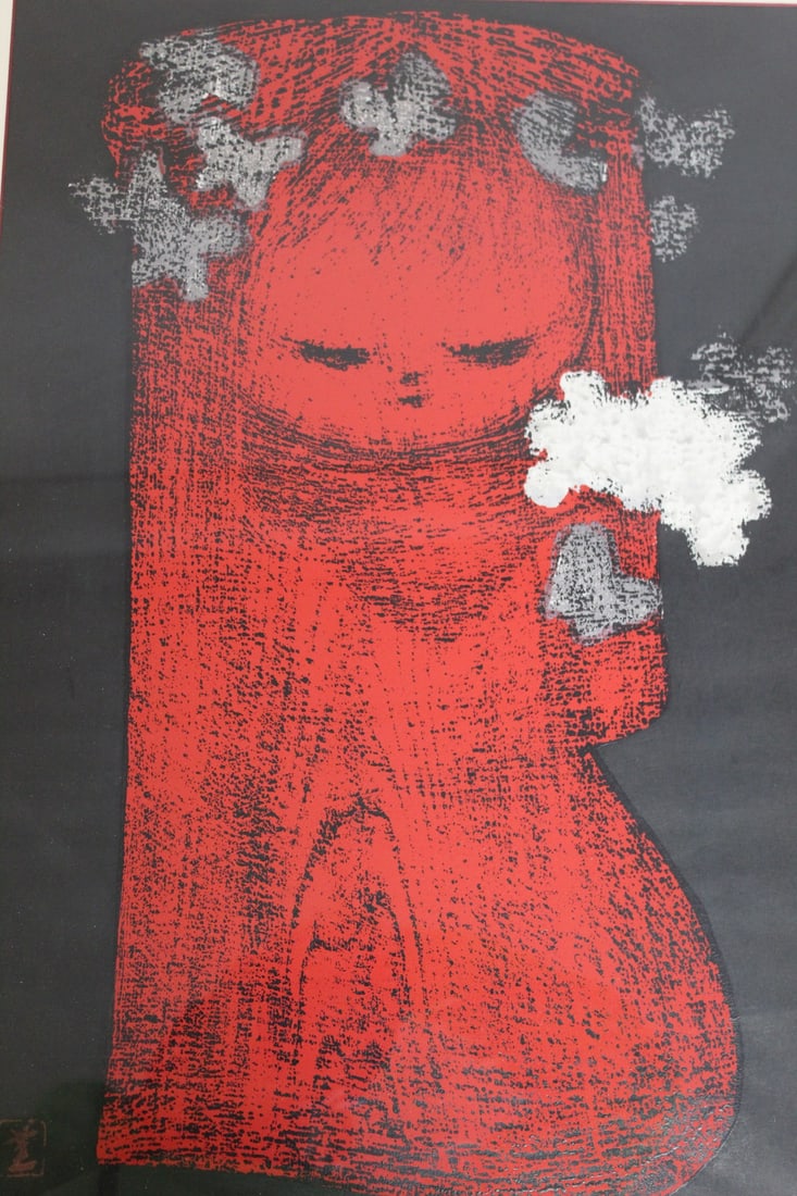 Girl with Flowers, Kaoru Kawano, Japanese Woodblock Print.: Girl with Flowers, Kaoru Kawano, Japanese Woodblock Print.. 37x54 cm, frame 56x74 cm.