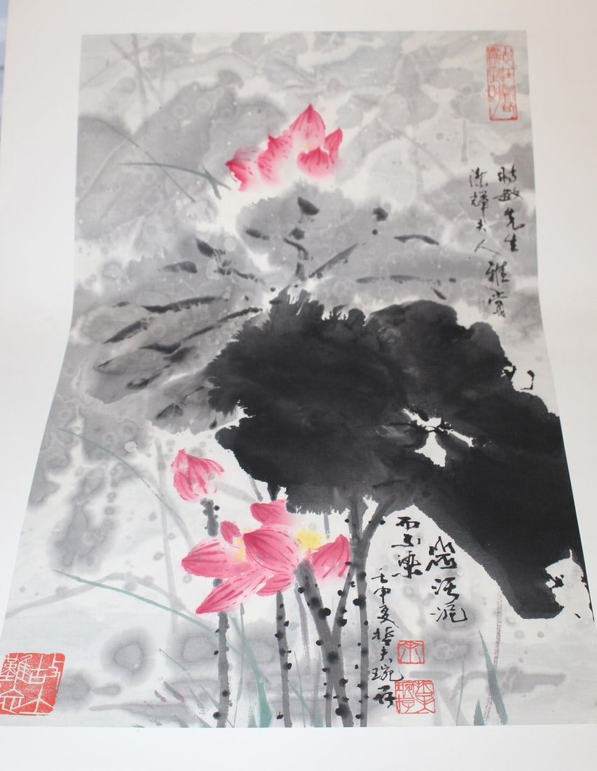 Chinese ink and water color painting of lotus on paper: Chinese ink and water color painting of lotus on paper. Mat size 33 x 21". Painting size 24 x 16".