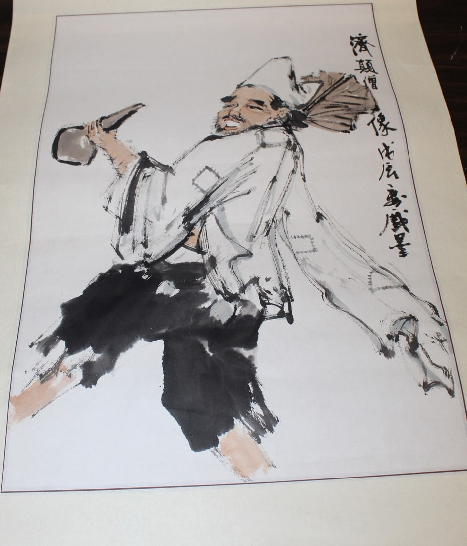 Chinese ink and water color painting of immortal Jigong Buddha on paper (1 of 4)
