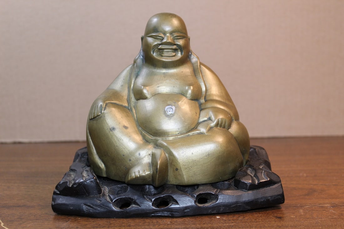 Chinese Brass Laughing Buddha on Wood Stand. (1 of 9)