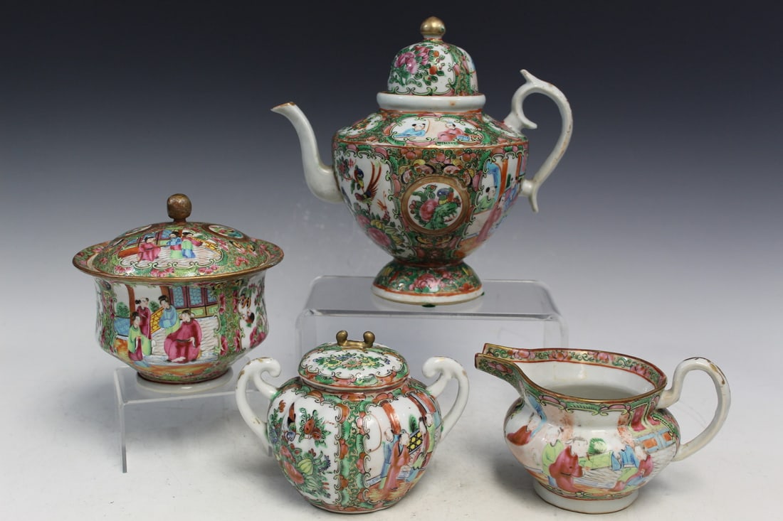 Chinese Rose Medallion Teapot, Creamer and Sugar Bowls: Chinese Rose Medallion Teapot, Creamer and Sugar Bowls. Teapot H 8.25".