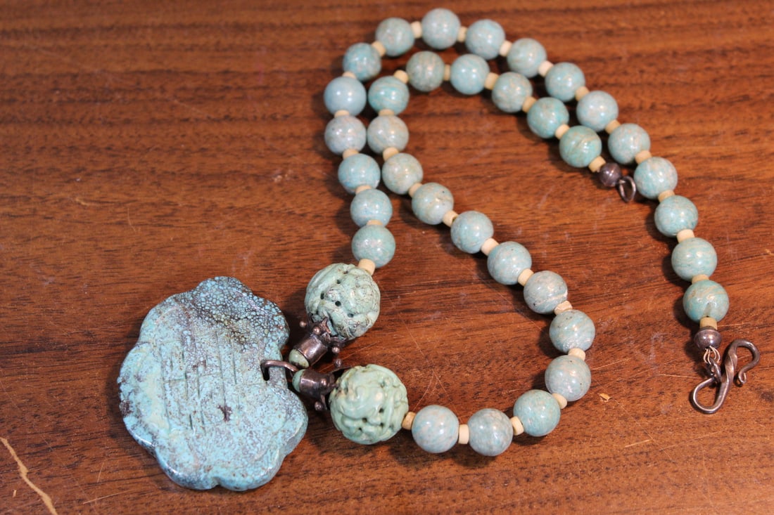 Turquoise Beads Necklace with A Chinese Carved Turquoise Pendant (1 of 6)