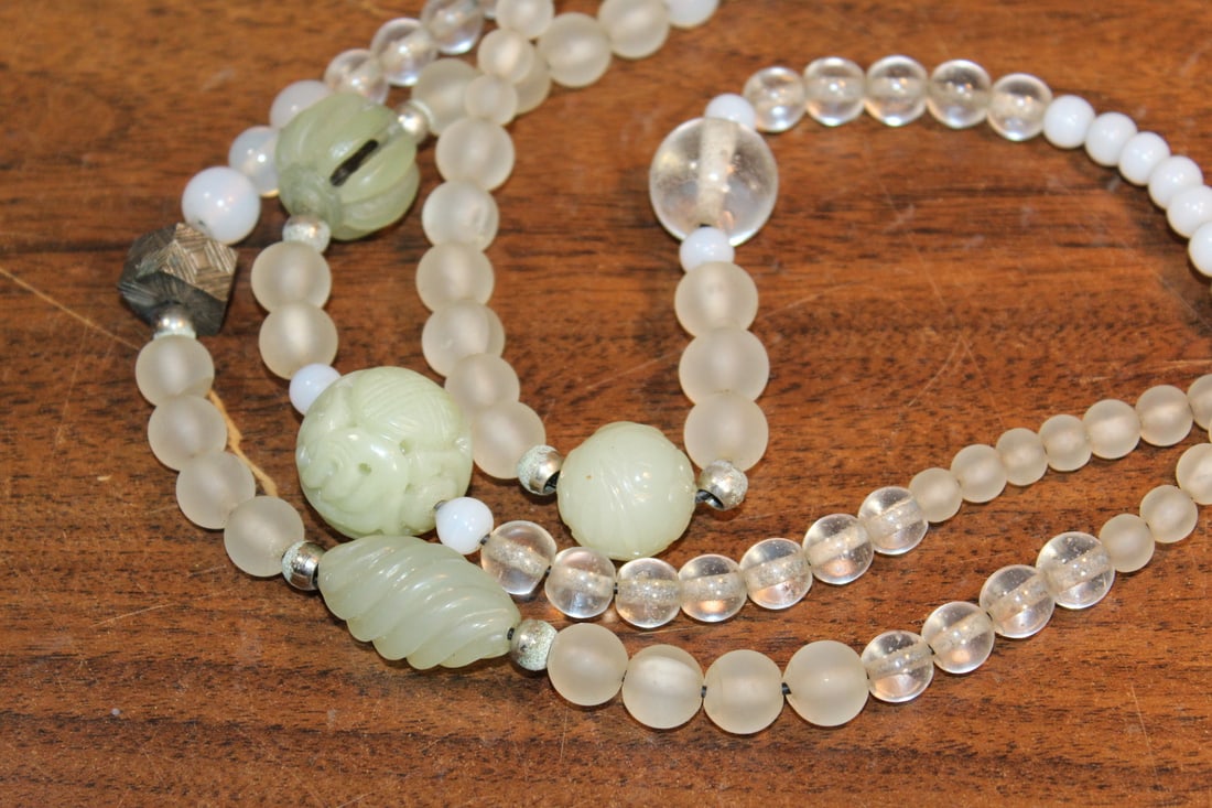 Glass and Jade Beads Necklace: Glass and Jade Beads Necklace. L 72 cm. Largest Bead Diam 2.4 cm.