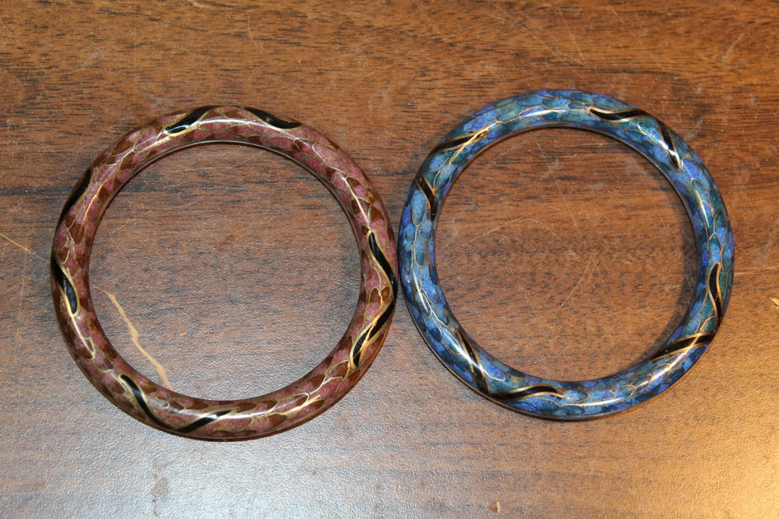 Two Cloisonne Bangles: Two Cloisonne Bangles. Inner Rim Diam 6 cm.