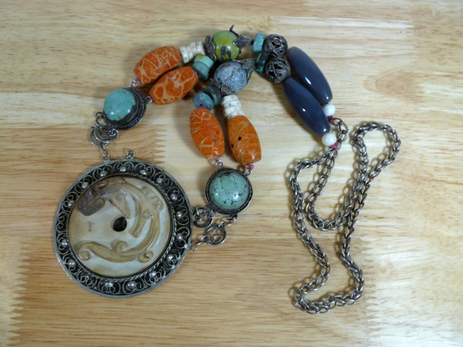 Chinese Silver Necklace with Coral, Turquoise, Agate Bead and Jade Pendant. (1 of 7)