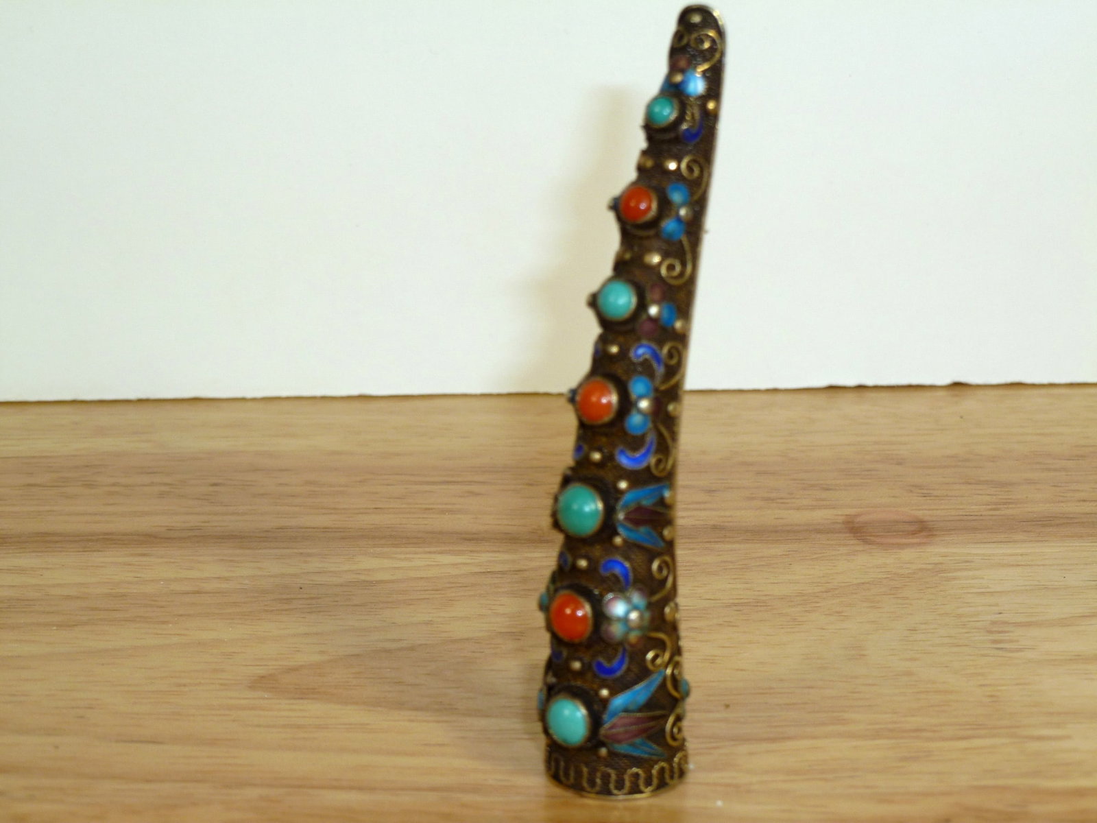 Chinese Silver Enamel Brooch with Coral, Turquoise beads: Chinese Silver Enamel Brooch with Coral, Turquoise beads. L 3.5"