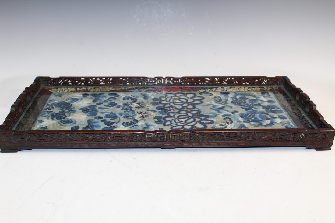 Chinese Carved Wood Tea Tray with Silk Embroidery Decoration (1 of 7)