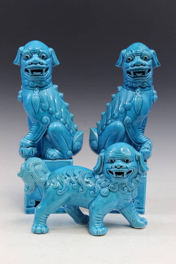 Three Chinese Turquoise Glazed Porcelain Foo Dog Statues (1 of 7)