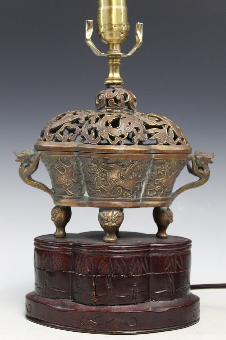 Chinese Brass Incense Burner Lamp: Chinese Brass Incense Burner Lamp. L 8.5", Total H 14". As Is. Qianlong Mark.