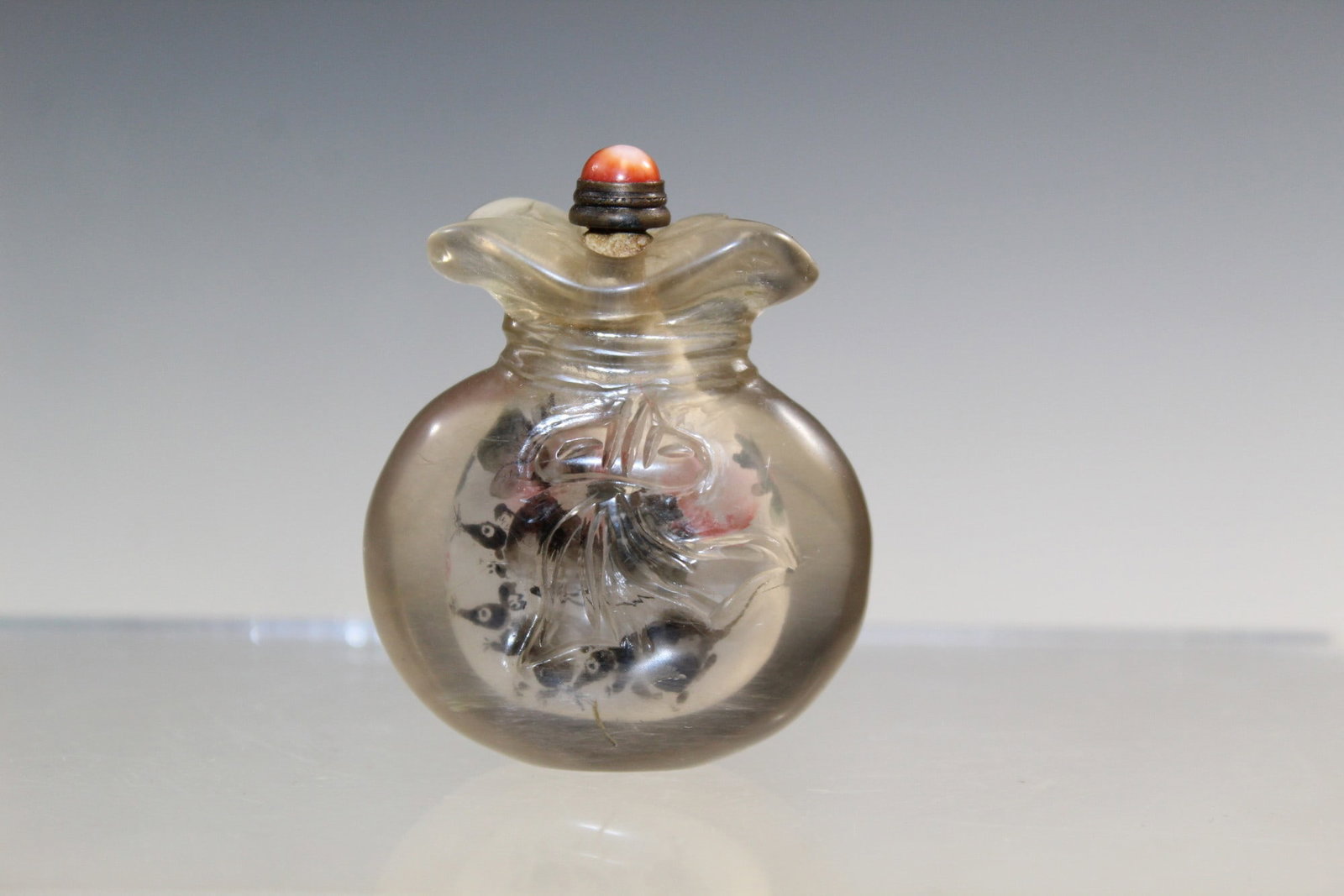 Chinese Inner Painting Carved Rock Crystal Snuff Bottle: Chinese Inner Painting Carved Rock Crystal Snuff Bottle. H 2". Signed Rongjiu.