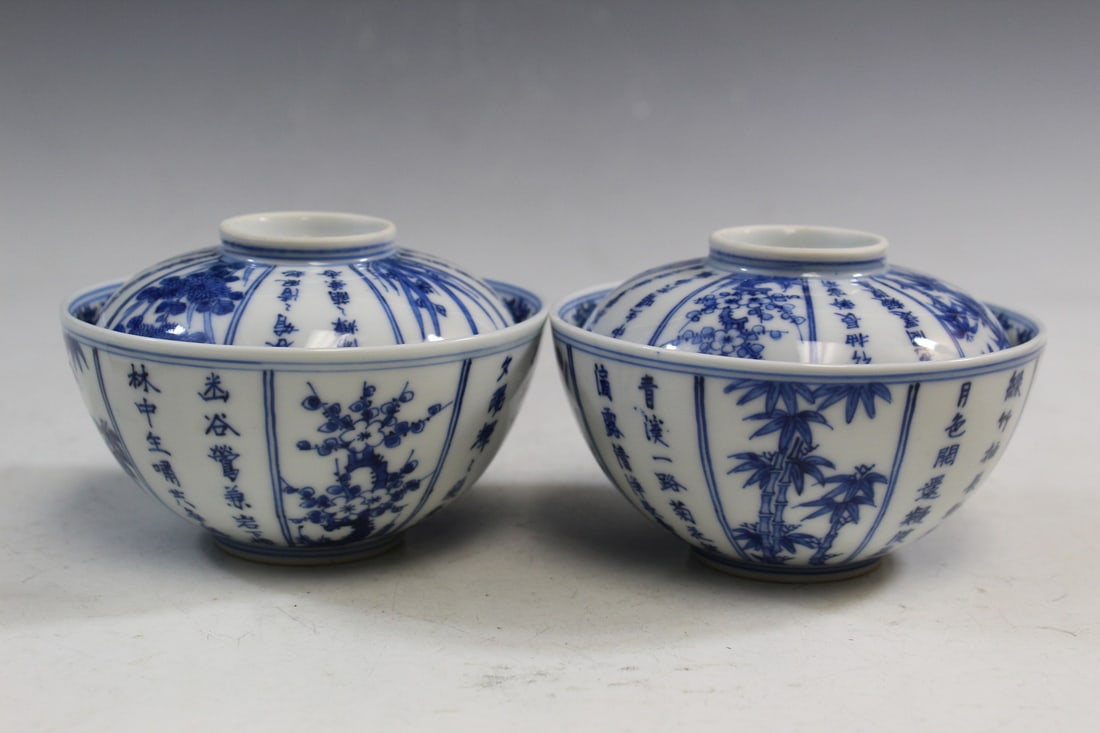 Pair of Chinese Blue and White Porcelain Covered Bowls: Pair of Chinese Blue and White Porcelain Covered Bowls. D 4.5". H 3 1/4".