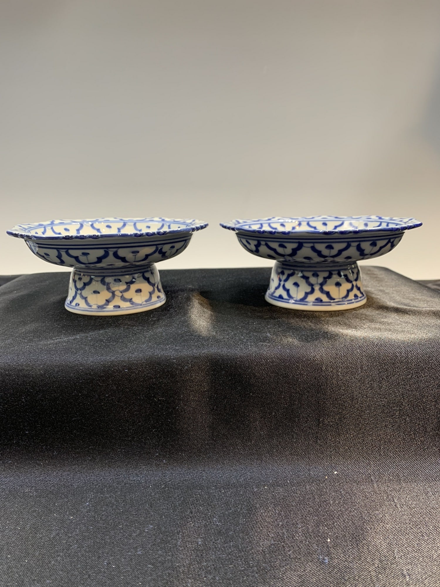 Pair of Chinese Blue and White Porcelain Stem Dishes: Pair of Chinese Blue and White Porcelain Stem Dishes. D 6.25" each.