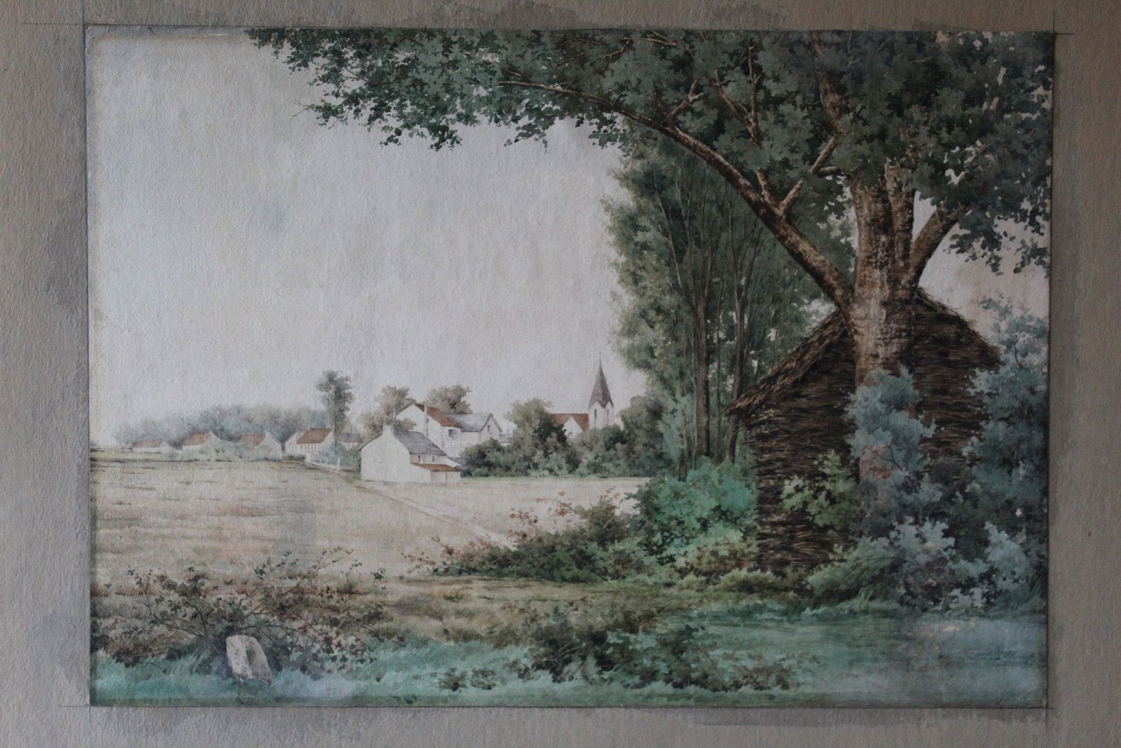 Farm Landscape, Watercolor. Signed.: Farm Landscape, Watercolor. Signed.. 21.75x15.5". Mat 27x21". Glued on board.