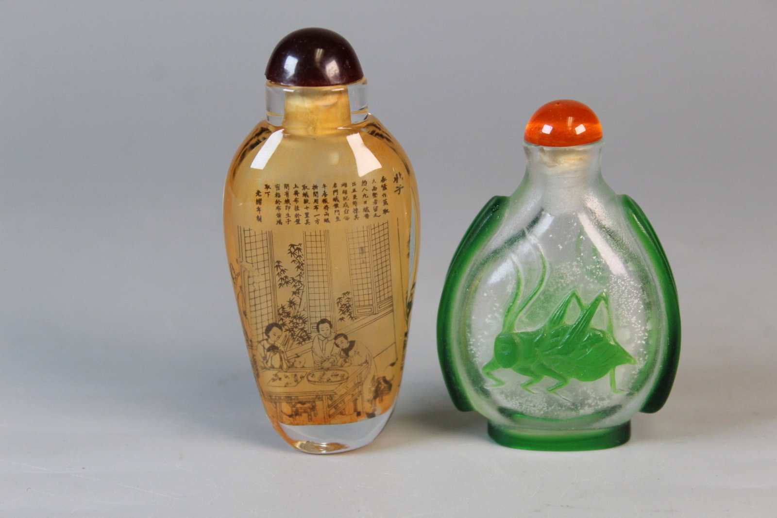 Two Chinese Glass Snuff Bottles: Two Chinese Glass Snuff Bottles. Taller H 3.25".
