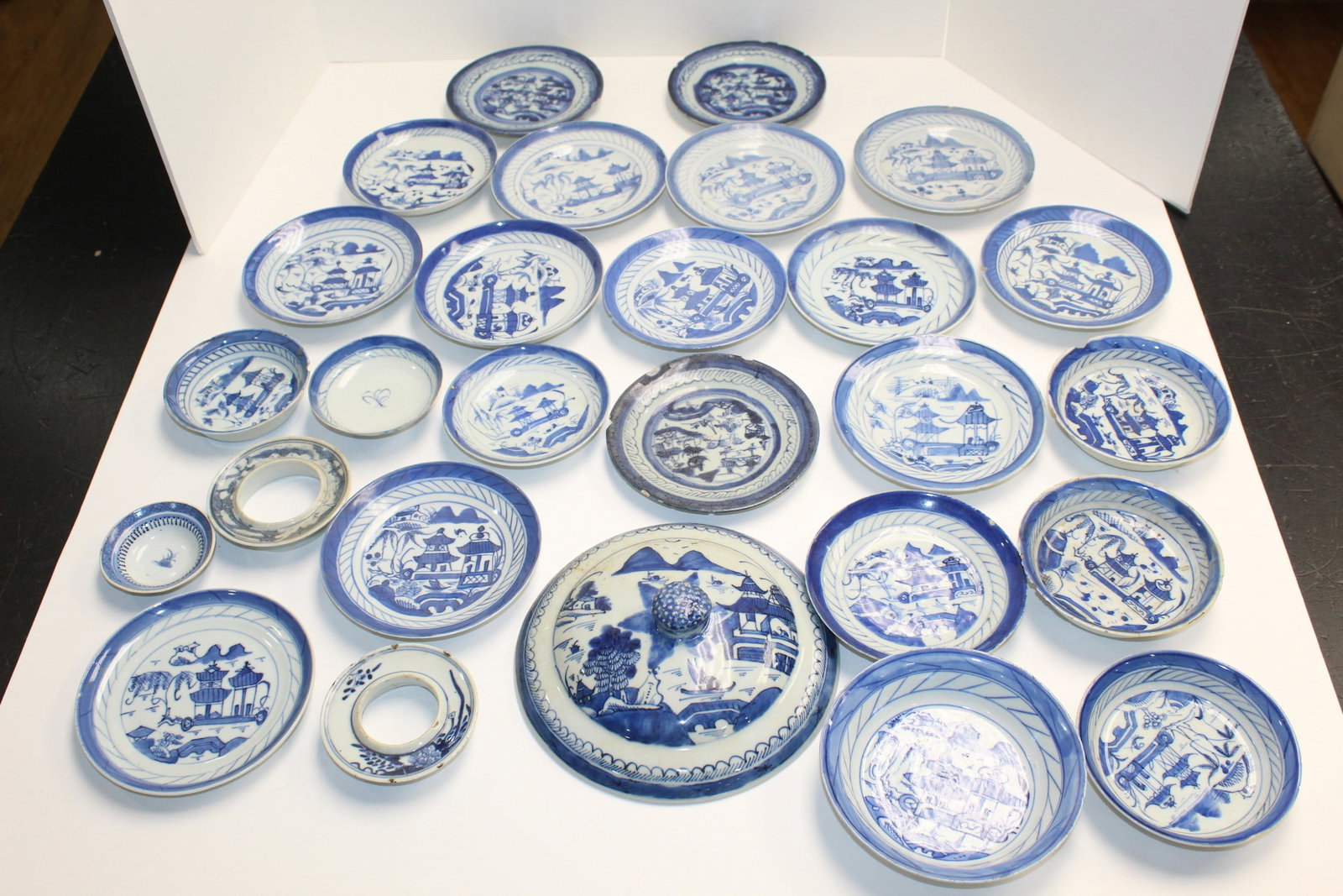A Group of Chinese Canton Blue and White Dishes and Bowls: A Group of Chinese Canton Blue and White Dishes and Bowls. Largest Diam 8". As Is.