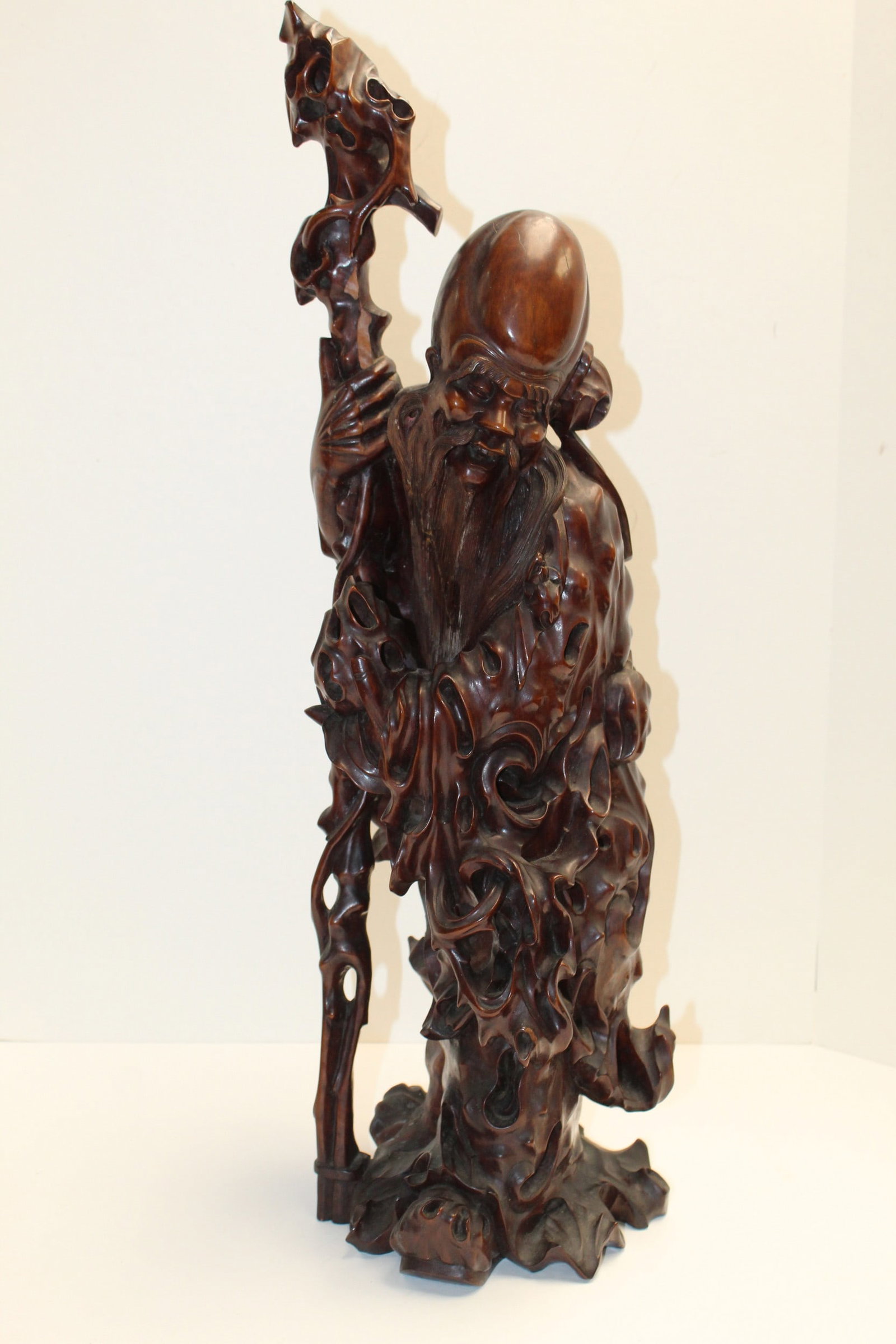 Large Chinese Carved Wood Shoulao Statue: Large Chinese Carved Wood Shoulao Statue. H 27". As Is,