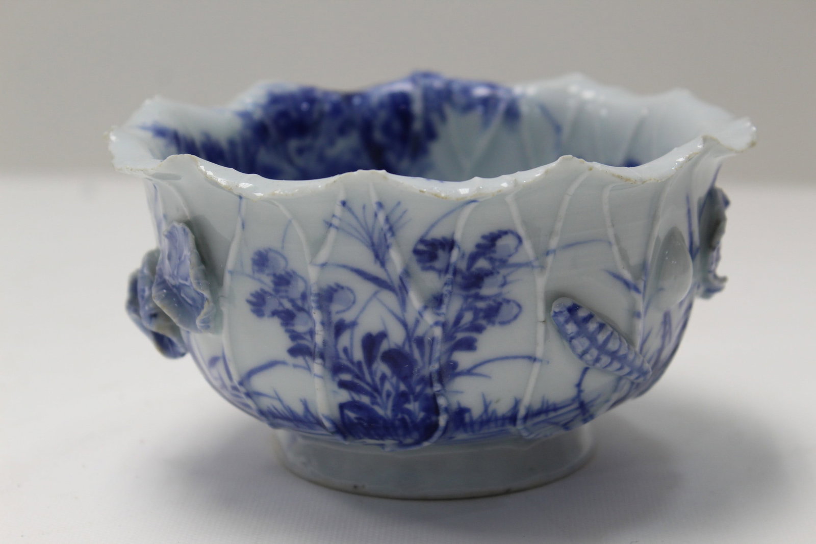 Japanese Blue and White Porcelain Lotus Bowl: Japanese Blue and White Porcelain Lotus Bowl. Diam 6", H 3".