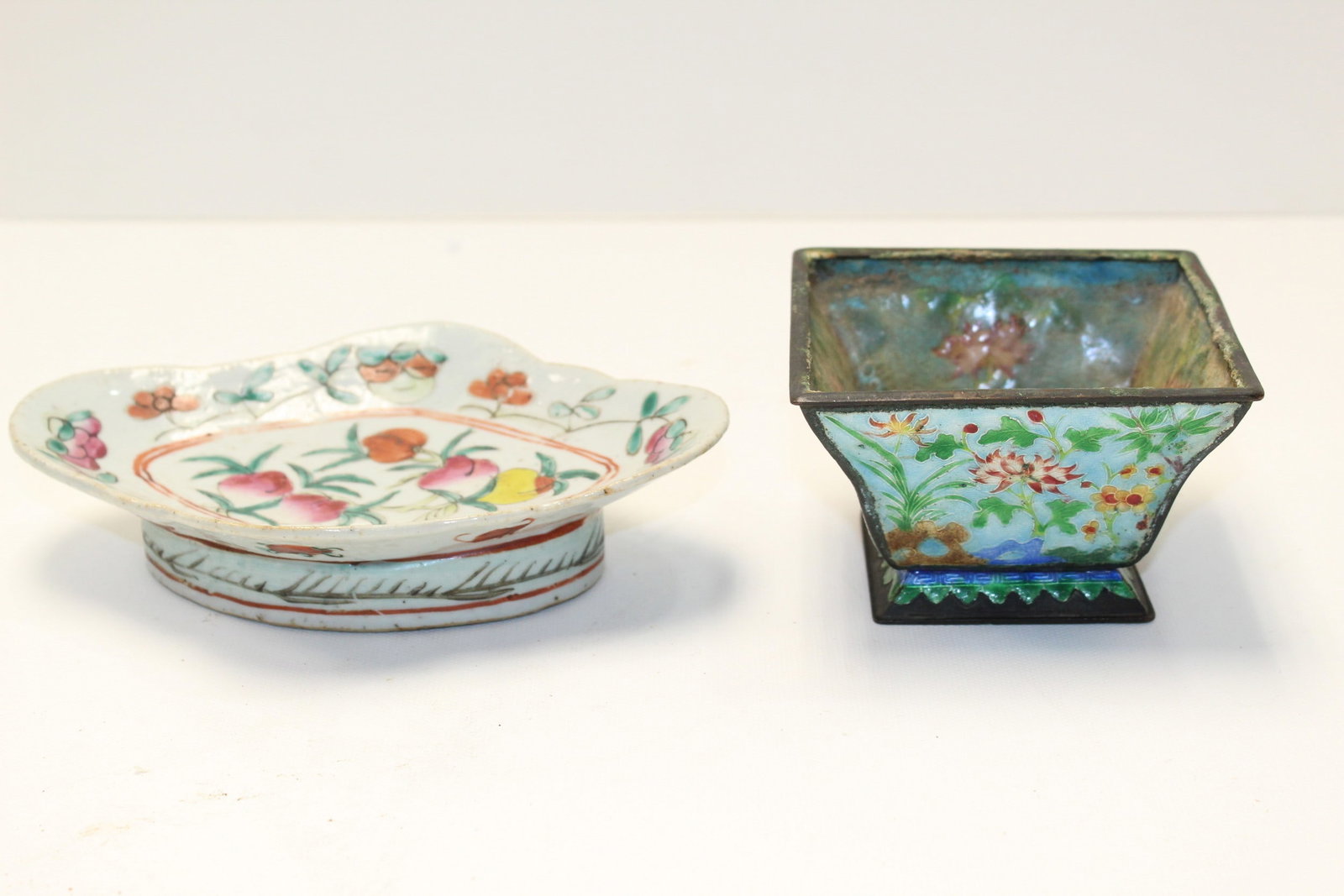 Chinese Famille Rose Porcelain Dish and an Enameled Bowl: Chinese Famille Rose Porcelain Dish and an Enameled Bowl. L 7.5". H 2.75".