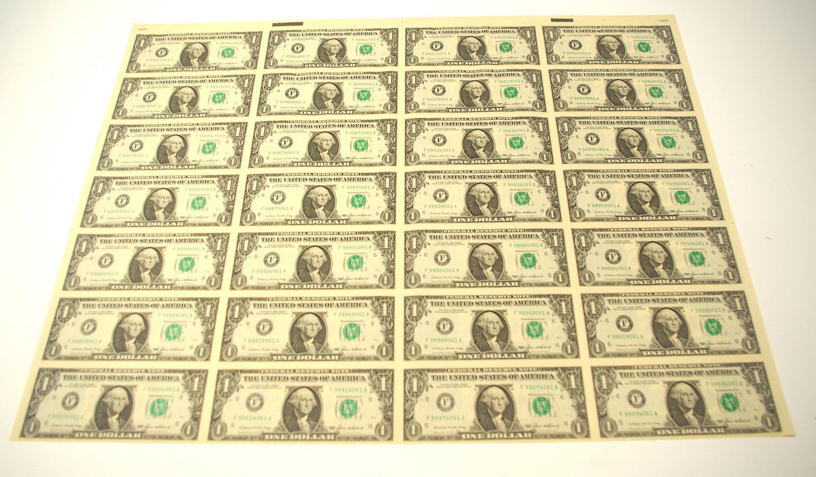One Sheet of 28 US One Dollar Federal Reserve Notes (1 of 2)