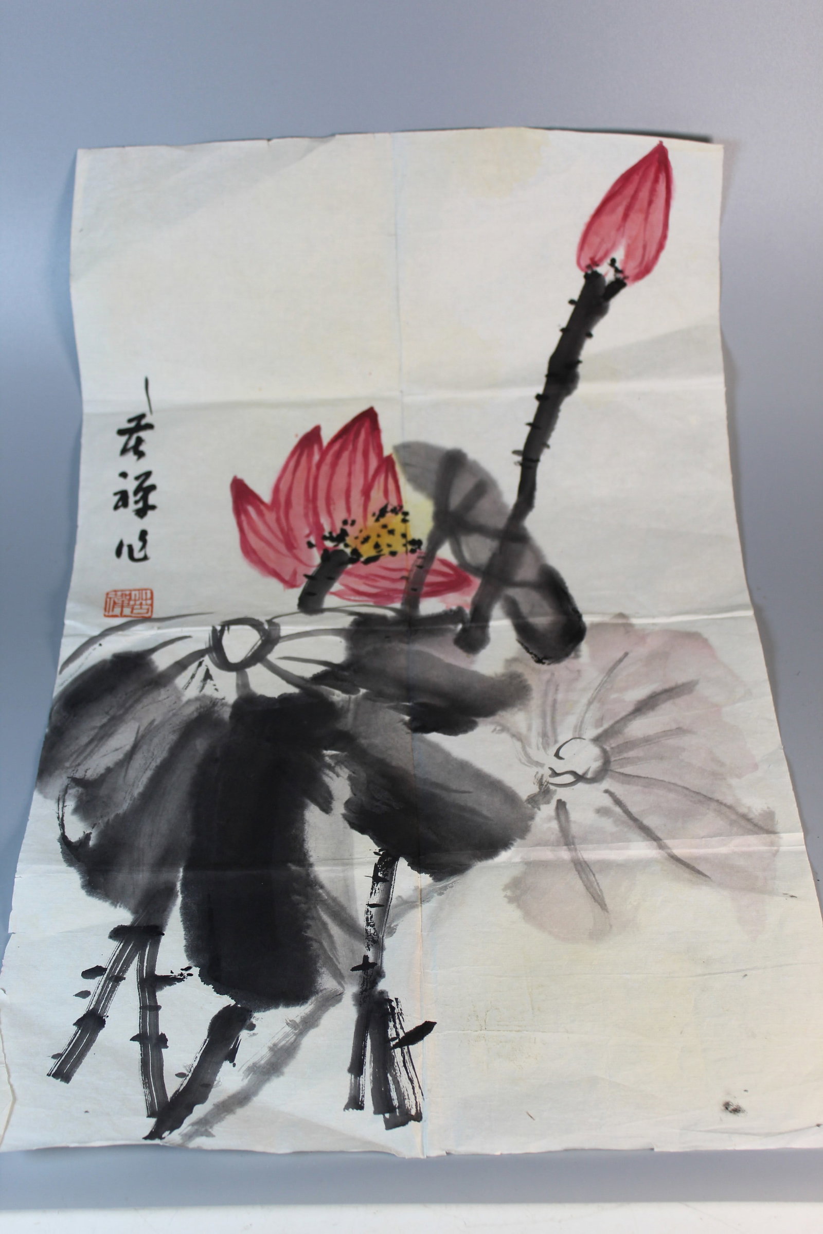 Chinse Ink and Watercolor Painting of Lotus Flower: Chinse Ink and Watercolor Painting of Lotus Flower. 21x13".