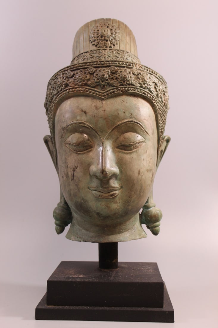 Southeast Asian Bronze Buddha Head: Southeast Asian Bronze Buddha Head. H 17". Total H 18.5". Base 8x8".