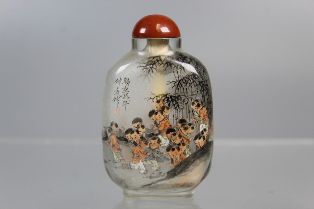 Chinese Inner Painting Glass Snuff Bottle of Children at Play Scene: Chinese Inner Painting Glass Snuff Bottle of Children at Play Scene. H 2.75".
