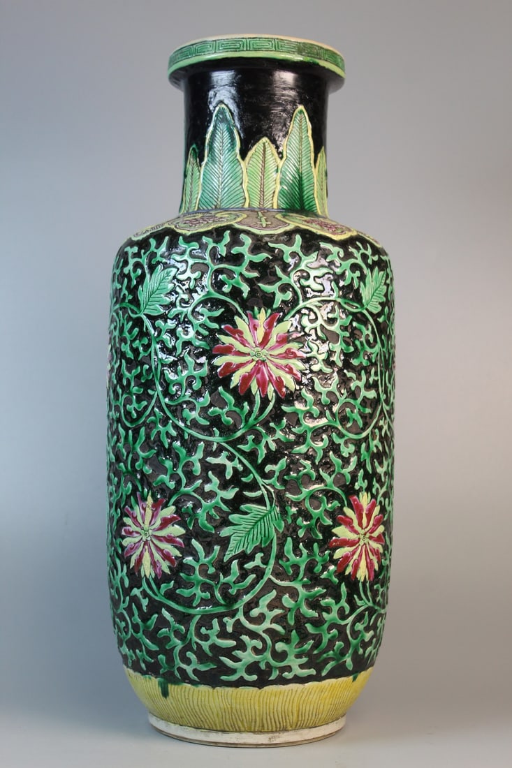 Chinese Famille Rose Porcelain Vase with Carved Flowers: Chinese Famille Rose Porcelain Vase with Carved Flowers. H 17.5". Diam 7". Yongzheng Mark. As Is.